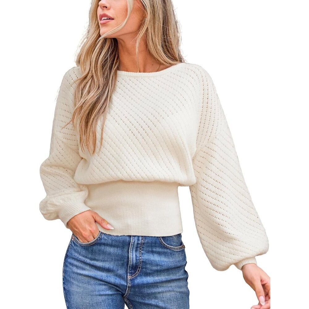 Women's Knit Sweater Large Boatneck Puffy Sleeves Cinched Waist Fall Casual